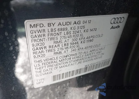 2012 Audi Q7 3.0T S Line Prestige из США, поврежденный, VIN WA1DGAFE4CD009149